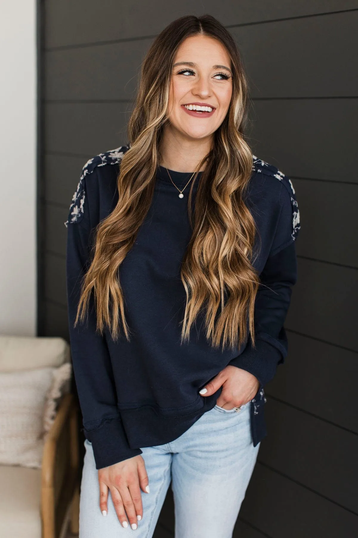 Fabulous Reputation Floral Pullover Top- Navy