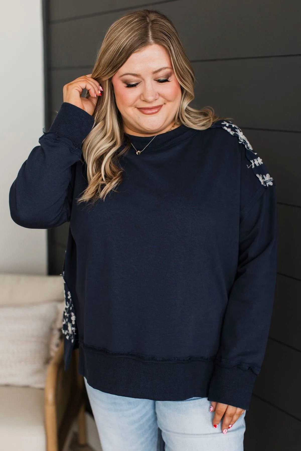 Fabulous Reputation Floral Pullover Top- Navy
