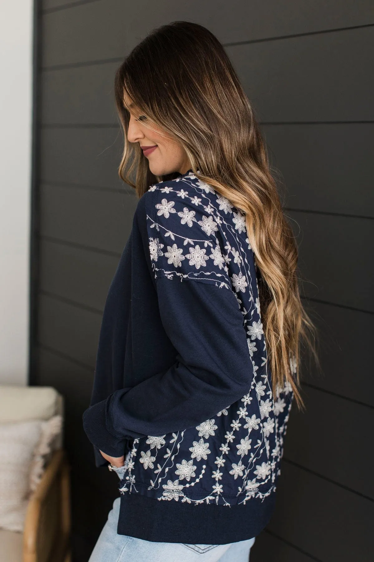 Fabulous Reputation Floral Pullover Top- Navy