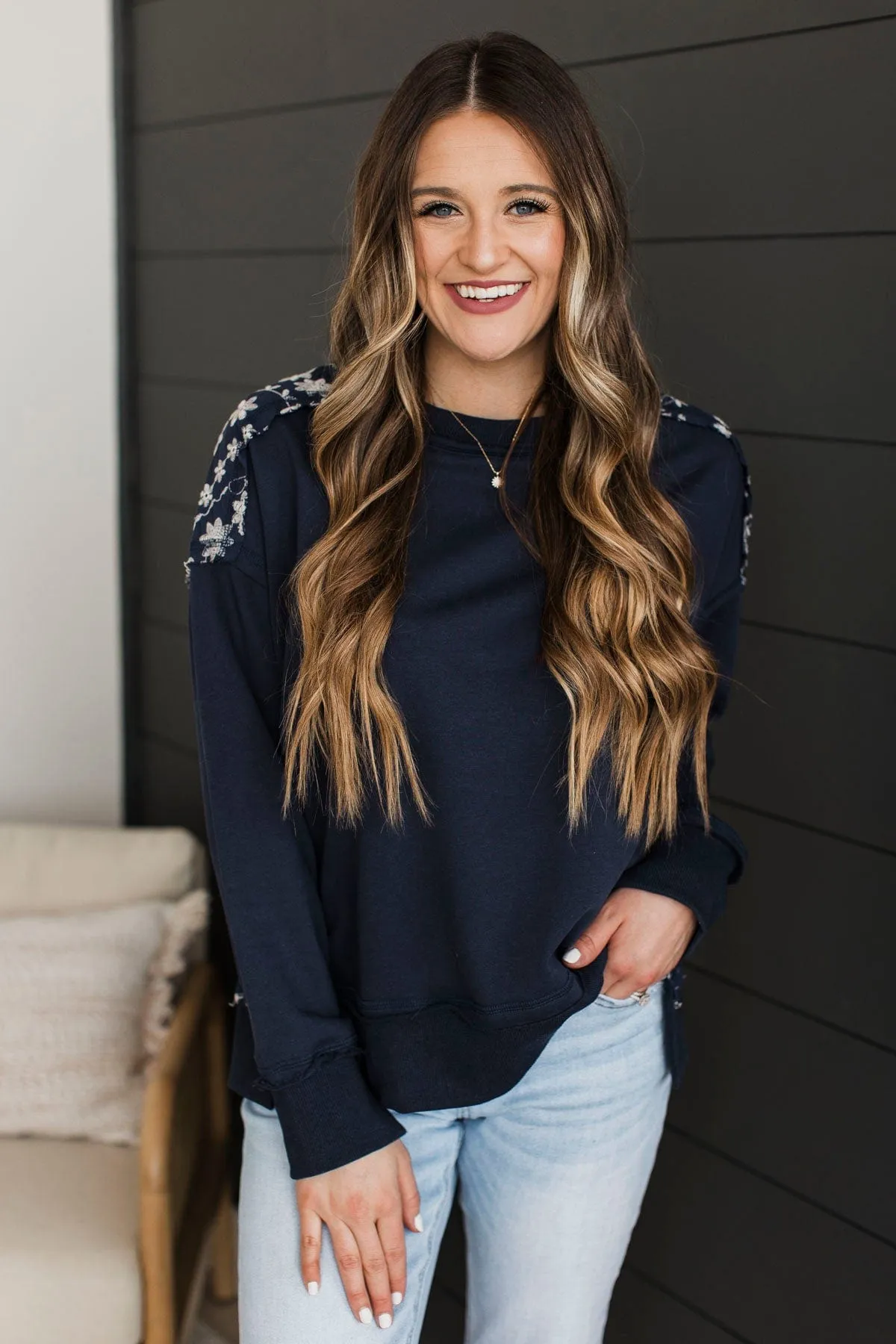 Fabulous Reputation Floral Pullover Top- Navy