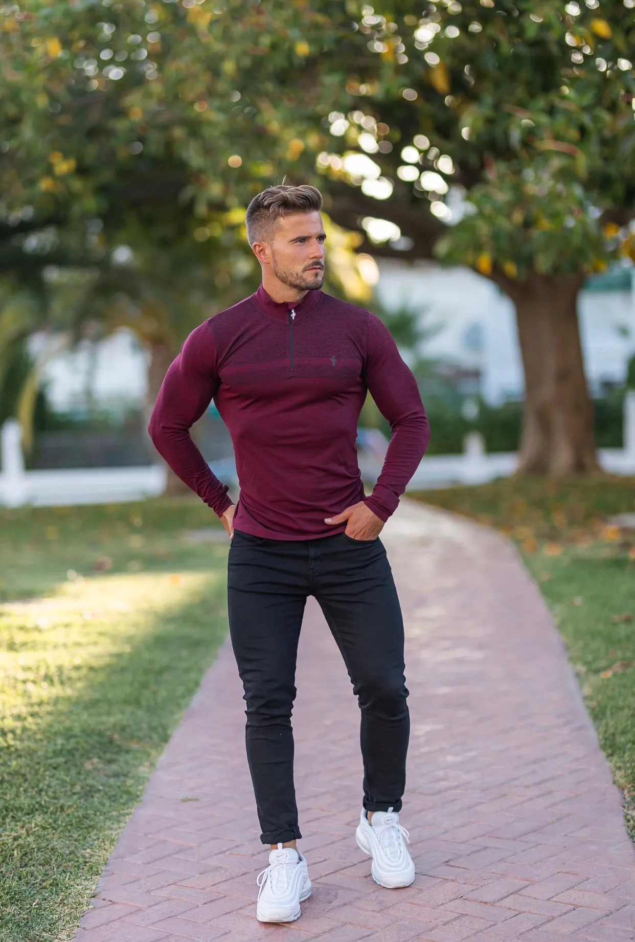 Father Sons Long sleeve Burgundy / Black half zip gym top - FSM030
