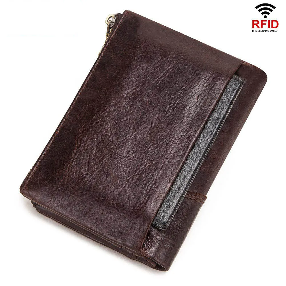 First Layer Cowhide RFID Leather Double Zipper Coin Men's Wallet
