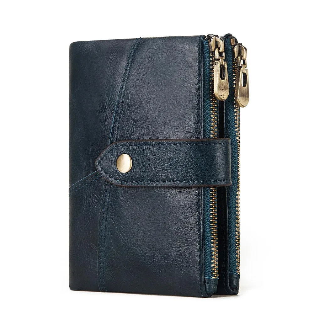 First Layer Cowhide RFID Leather Double Zipper Coin Men's Wallet