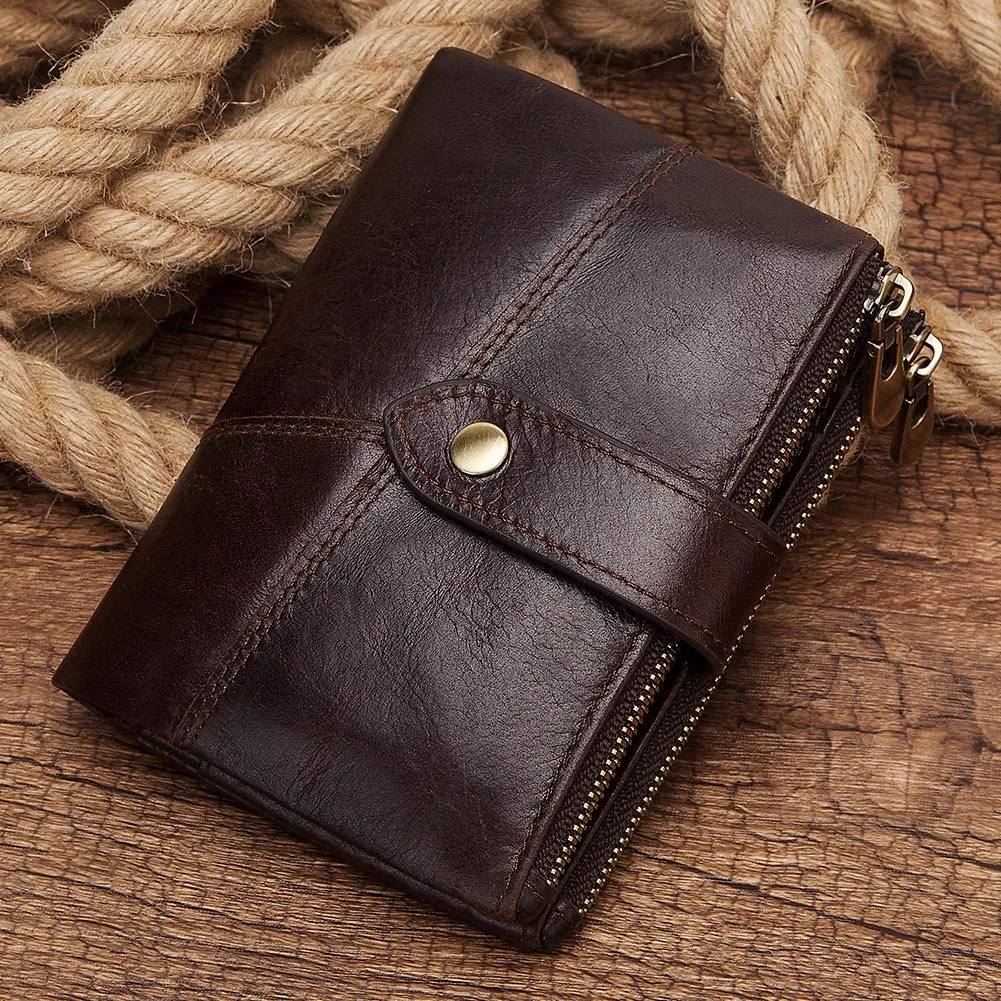 First Layer Cowhide RFID Leather Double Zipper Coin Men's Wallet