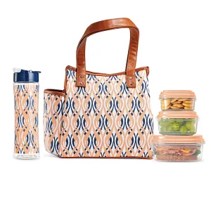 Fit & Fresh Insulated Lunch Bag Cooler Bag Tote Bag Kit for Women/Work/Picnic/Beach, Reusable Containers, Water Bottle, Westerly, Peach Teardrop Waves