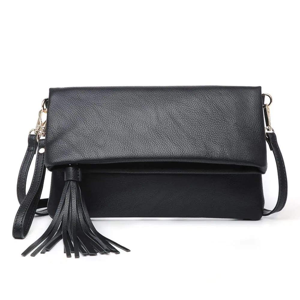Flapover Crossbody Clutch with Tassel -  Vegan Leather - 3 Colors