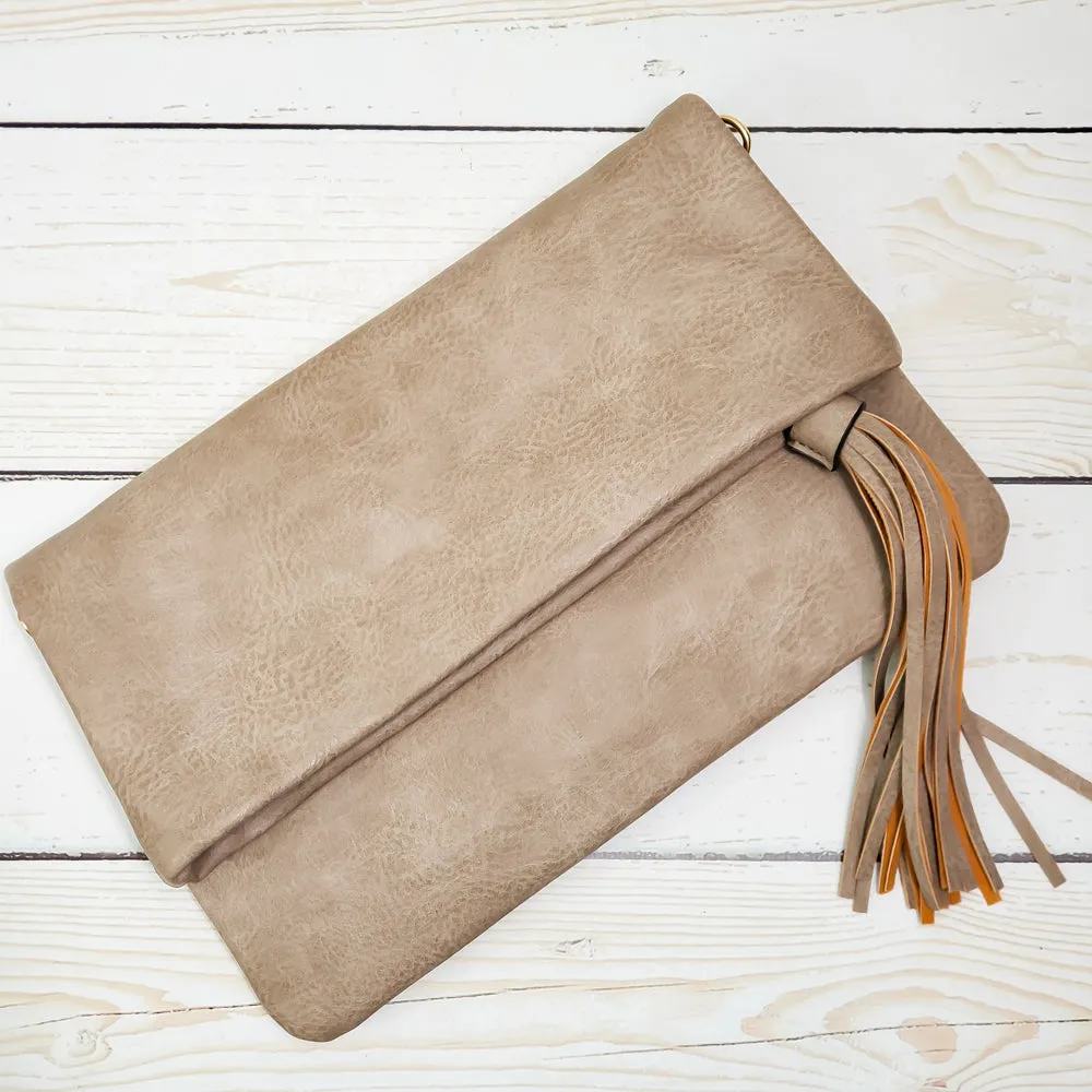 Flapover Crossbody Clutch with Tassel -  Vegan Leather - 3 Colors