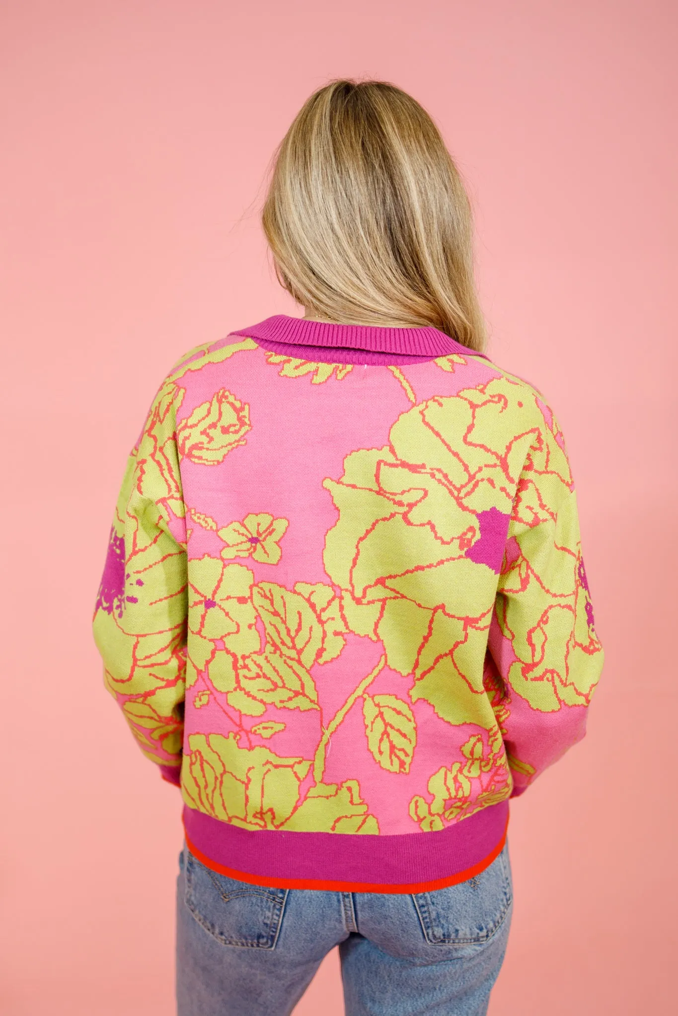 Fuchsia Sage Floral Half Zip Pullover