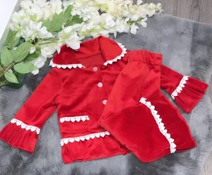 Girls red velour frill pjs