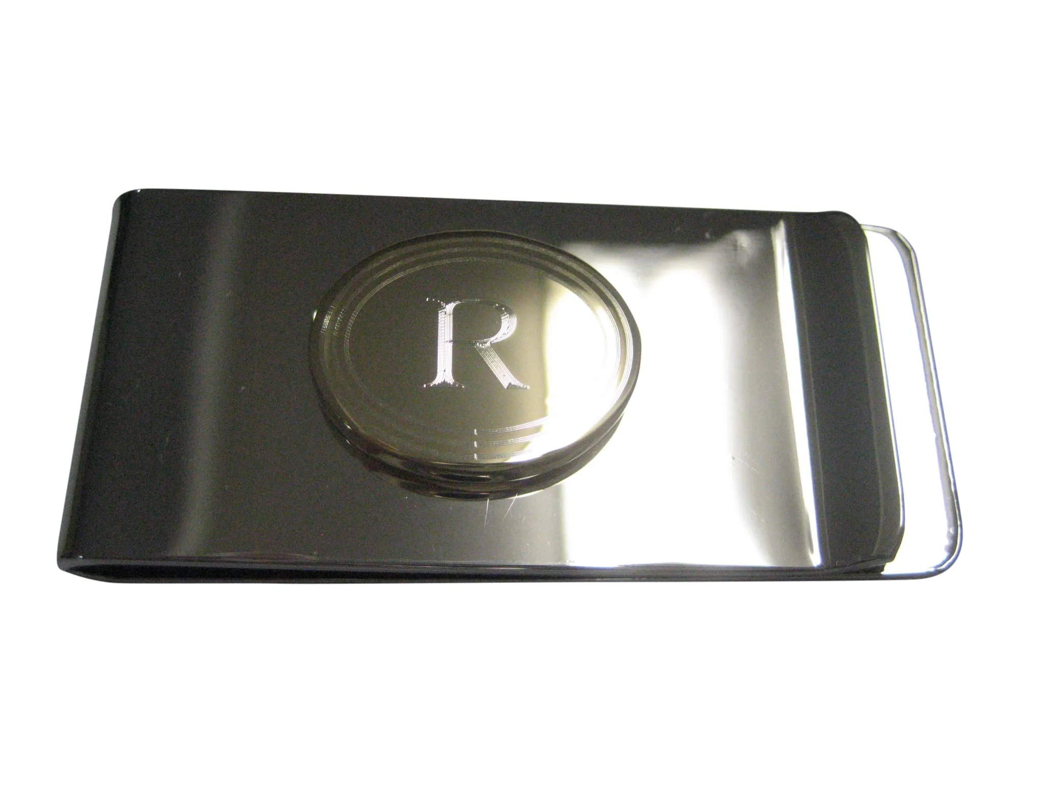 Gold Toned Etched Oval Letter R Monogram Money Clip