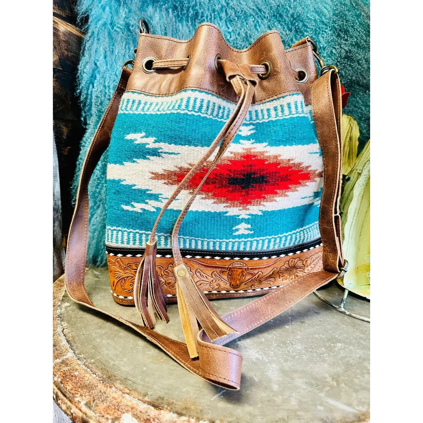 Grissom Steer Tooled Leather Bucket Bag
