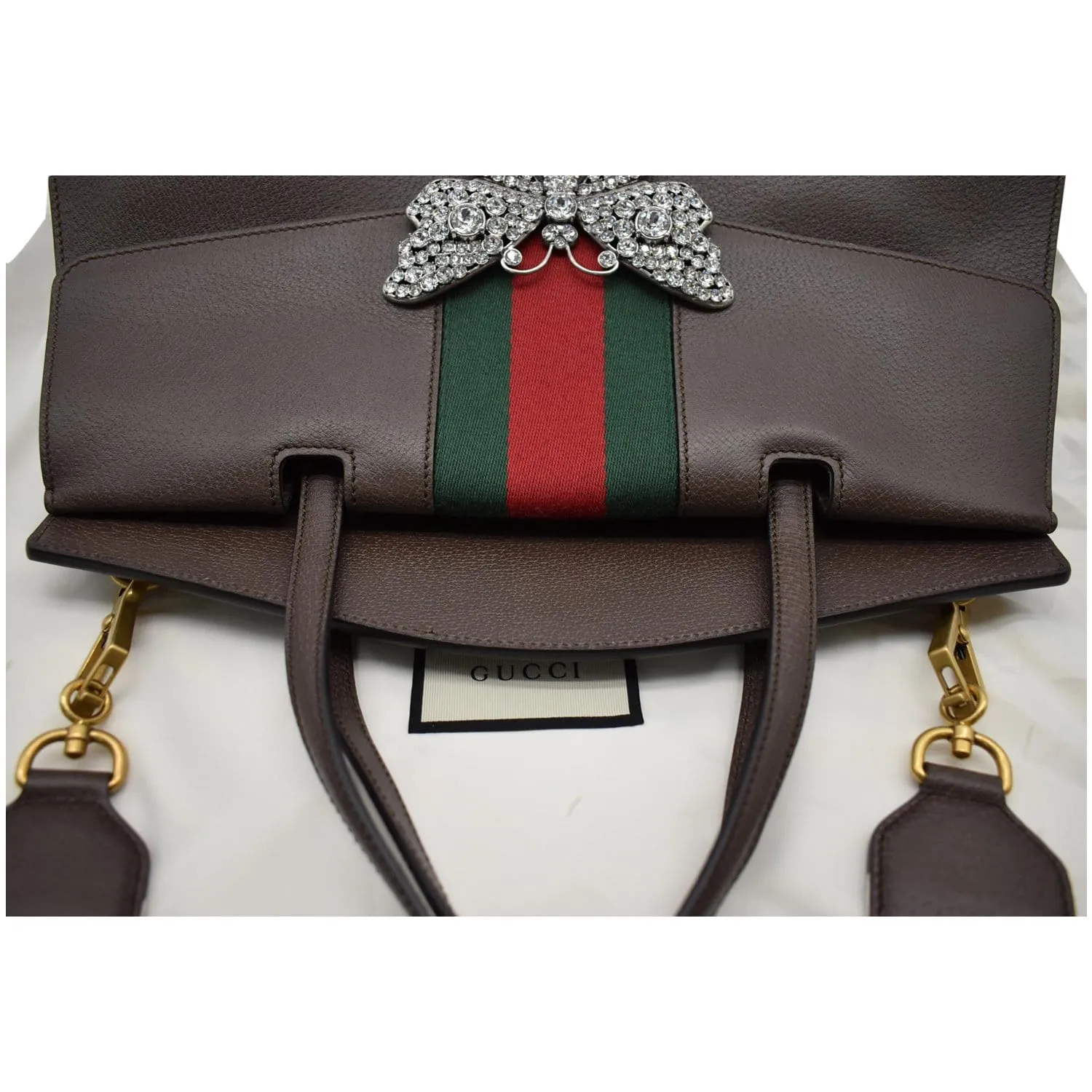 GUCCI Butterfly Linea Totem Leather Large Top Handle Shoulder Bag Brown 500772