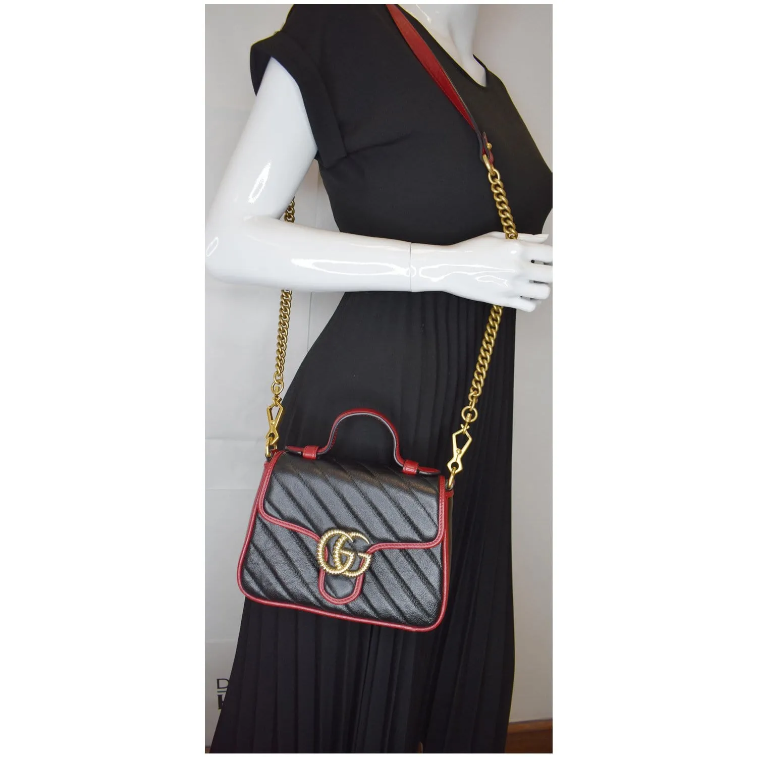 GUCCI GG Marmont Mini Top Handle Shoulder Bag 583571 Black/Cerise