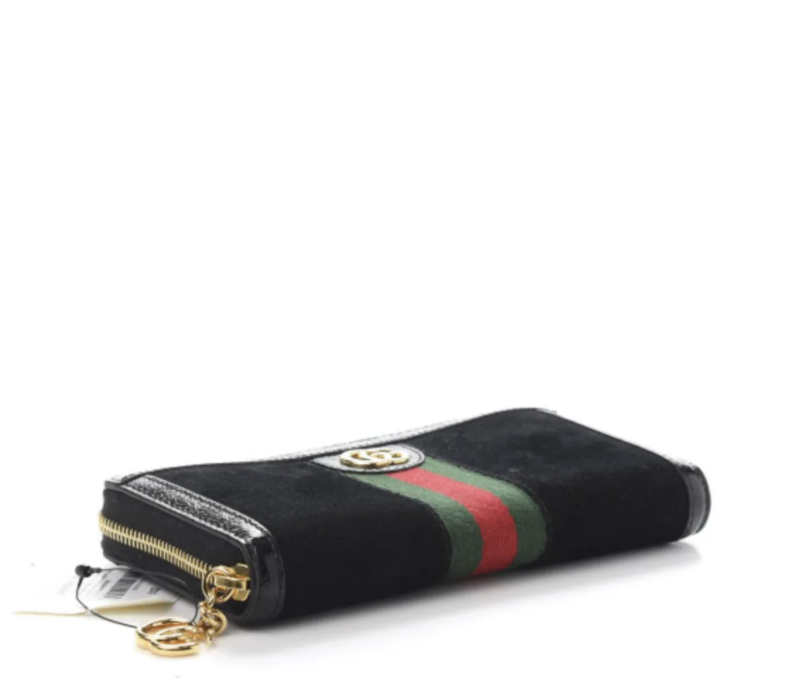 GUCCI Suede Patent GG Web Ophidia Zip Around Wallet in Black