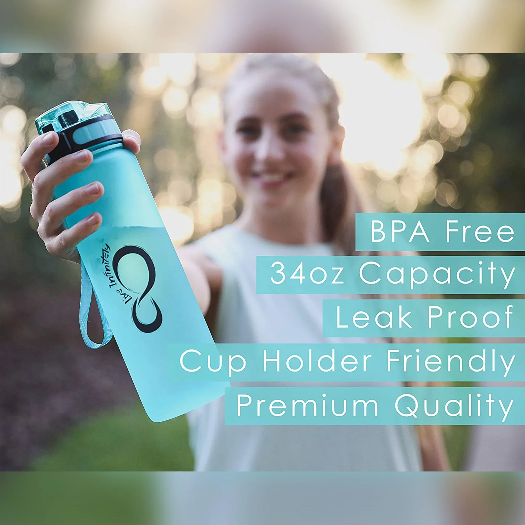 Gym Water Bottle w/ Time Marker Fruit Infuser & Shaker 34 Oz Teal
