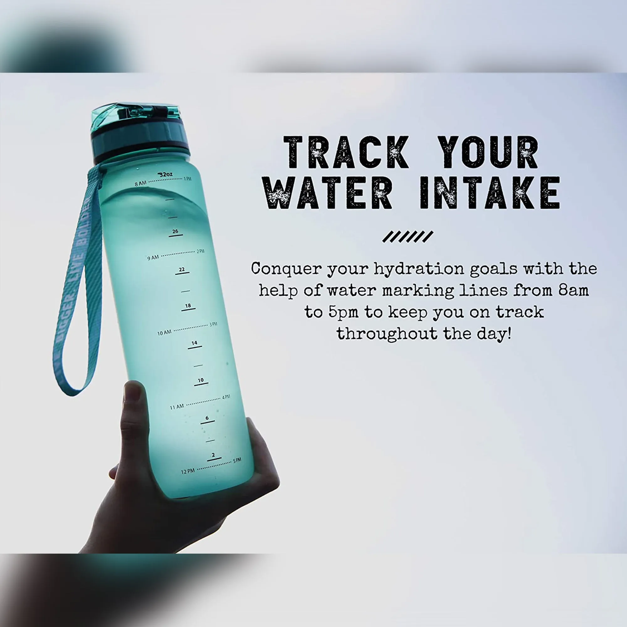 Gym Water Bottle w/ Time Marker Fruit Infuser & Shaker 34 Oz Teal