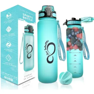 Gym Water Bottle w/ Time Marker Fruit Infuser & Shaker 34 Oz Teal