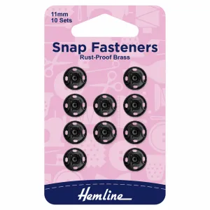 Hemline Snap Fasteners: Sew-on: Black: 11mm: Pack of 10 *