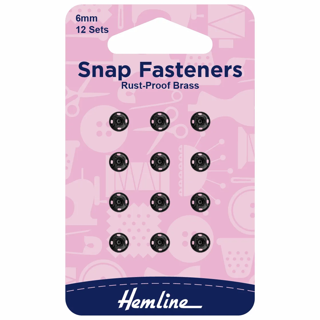 Hemline Snap Fasteners: Sew-on: Black: 6mm: Pack of 12