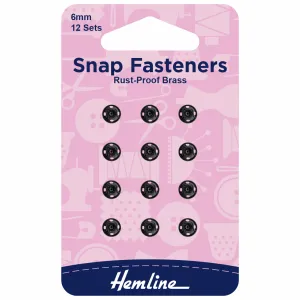 Hemline Snap Fasteners: Sew-on: Black: 6mm: Pack of 12