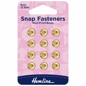 Hemline Snap Fasteners: Sew-on: Gold: 9mm: Pack of 10