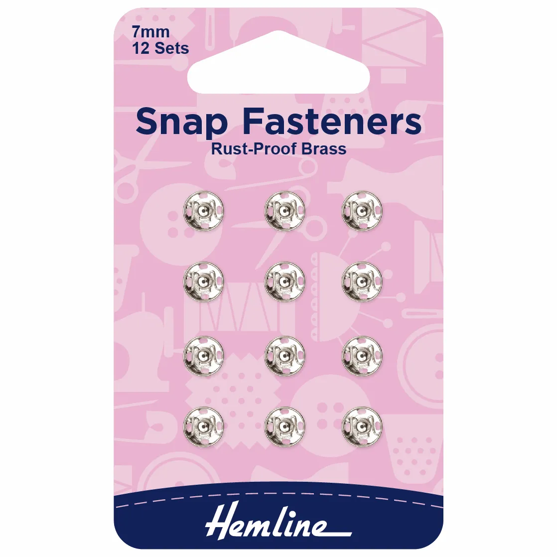 Hemline Snap Fasteners: Sew-on: Nickel: 7mm: Pack of 12 *