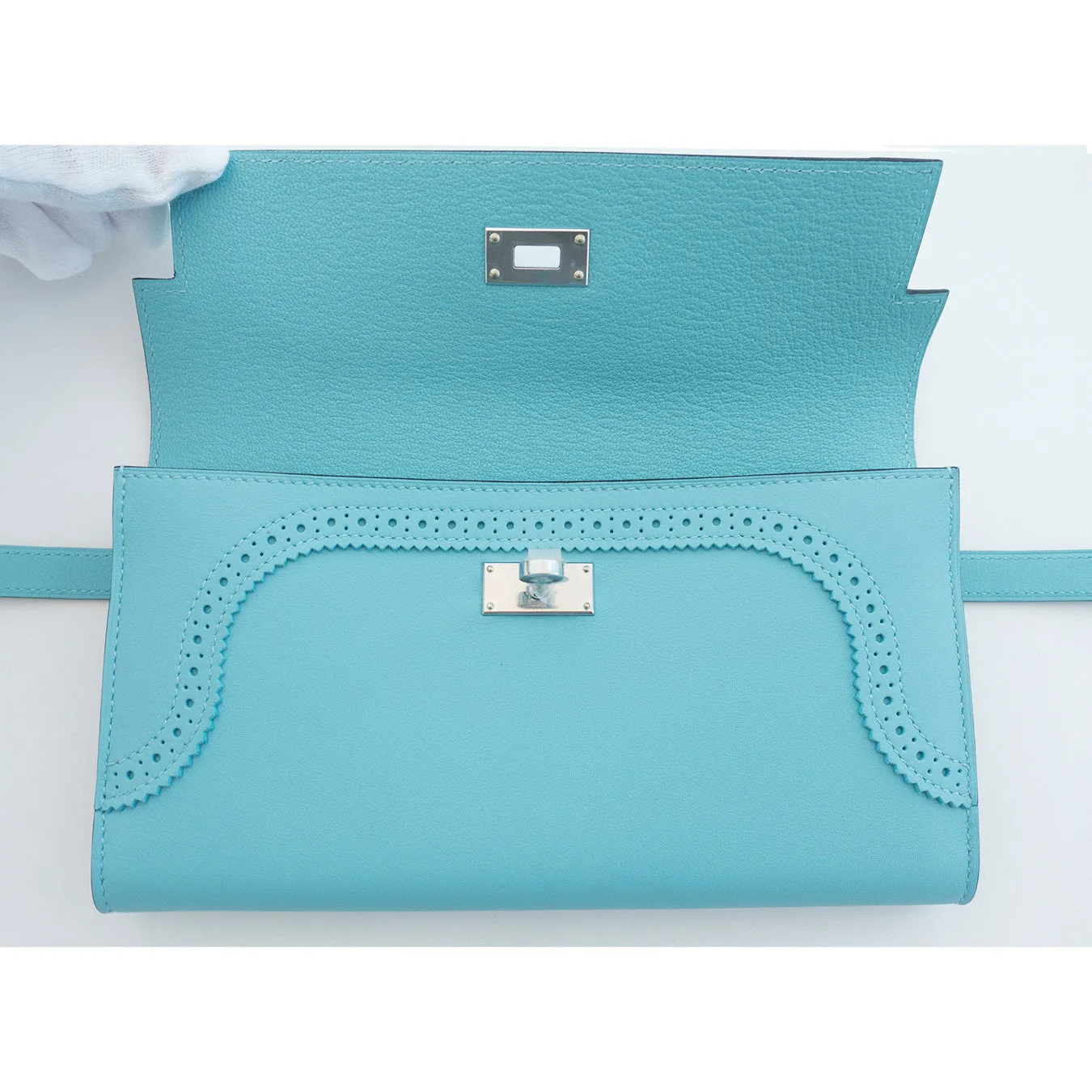 Hermes Limited Edition Blue Atoll Ghillies Swift Kelly Wallet Clutch Bag Rare