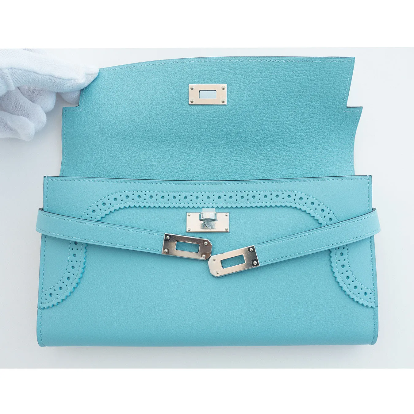 Hermes Limited Edition Blue Atoll Ghillies Swift Kelly Wallet Clutch Bag Rare
