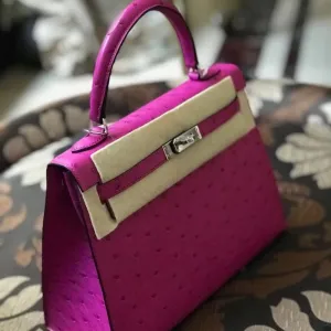 Hermès Kelly 25 Rose Pourpre Sellier Ostrich Palladium Hardware PHW