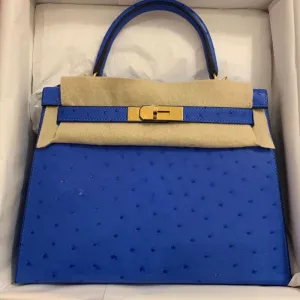 Hermès Kelly 28 Bleuet Sellier Ostrich Gold Hardware GHW