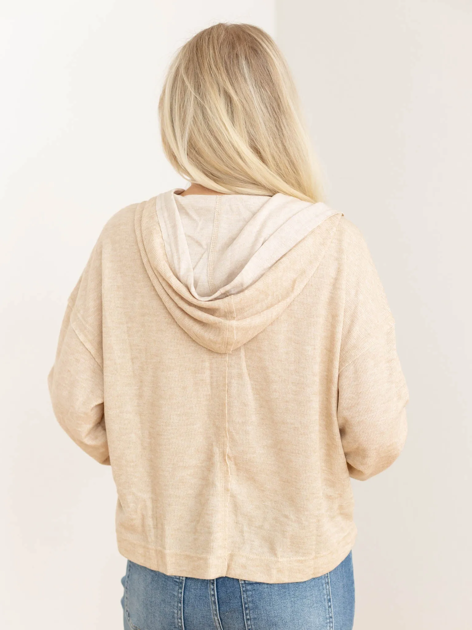Hooded Split Neck Long Sleeve Knit Top