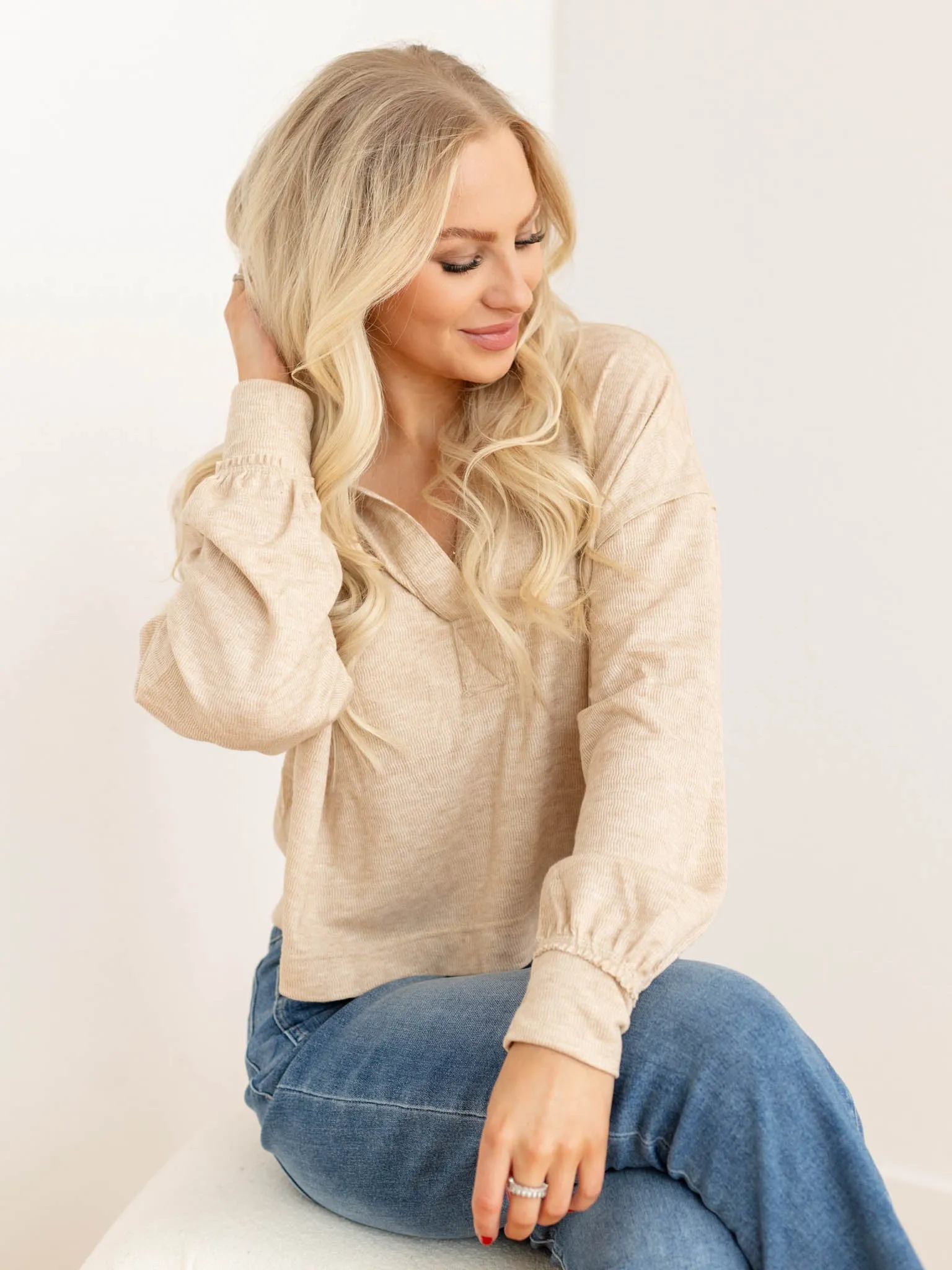 Hooded Split Neck Long Sleeve Knit Top