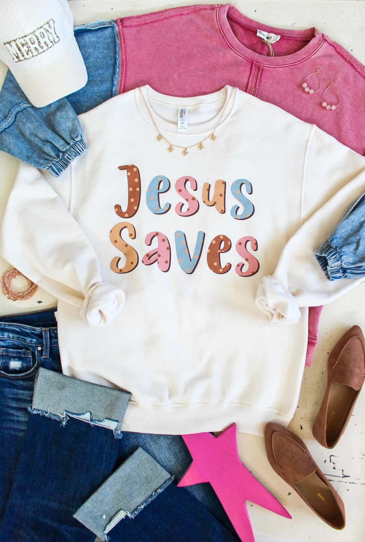 Jesus Saves Graphic Sweatshirt • Cream - FINAL SALE