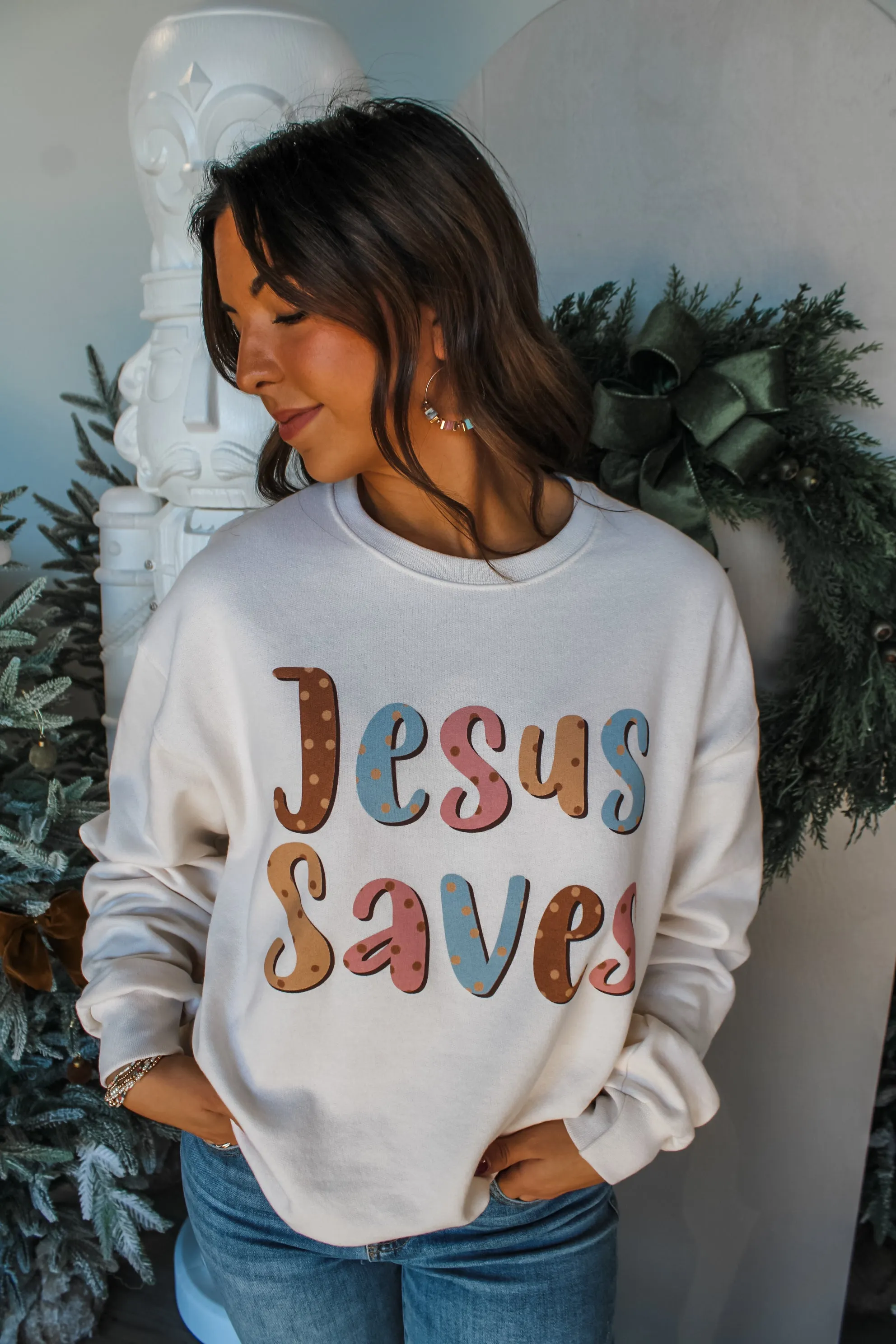 Jesus Saves Graphic Sweatshirt • Cream - FINAL SALE