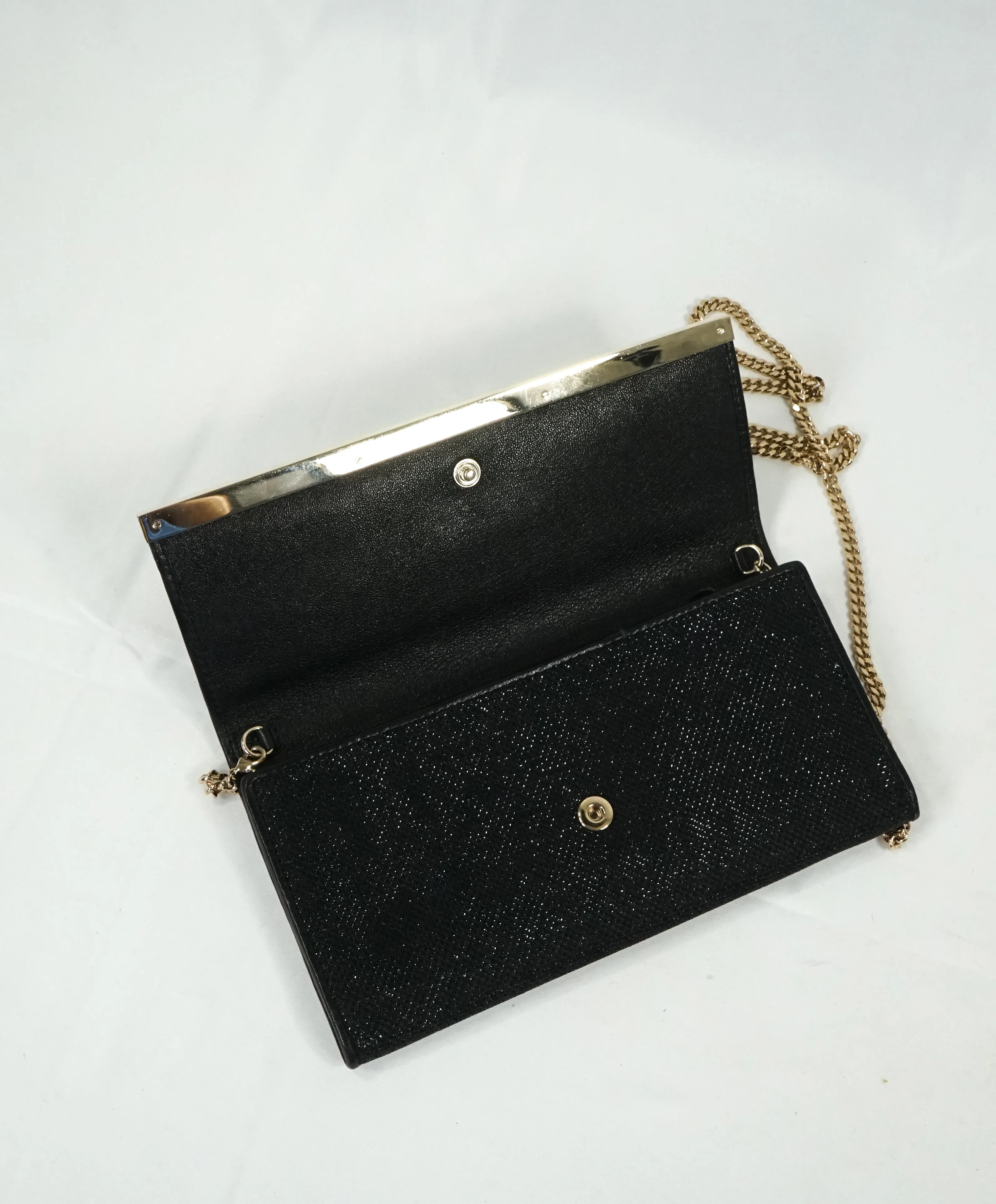 JIMMY CHOO - Black "MILLA" Lame Glitter Clutch Bag Gold Chain -