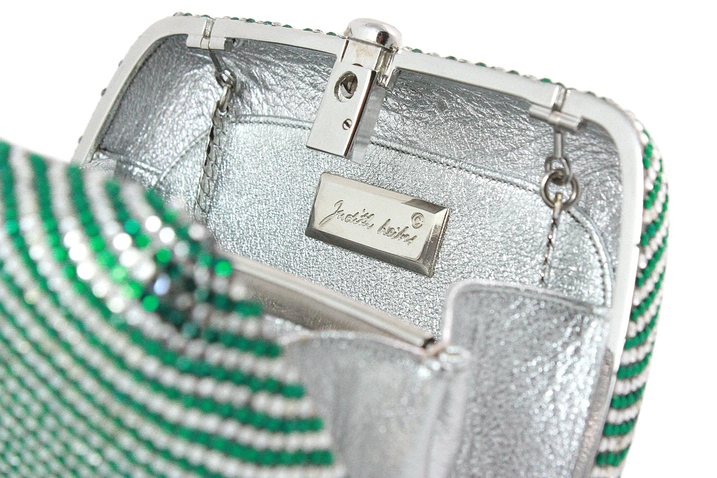JUDITH LEIBER Green and Clear Striped Rhinestone Clutch