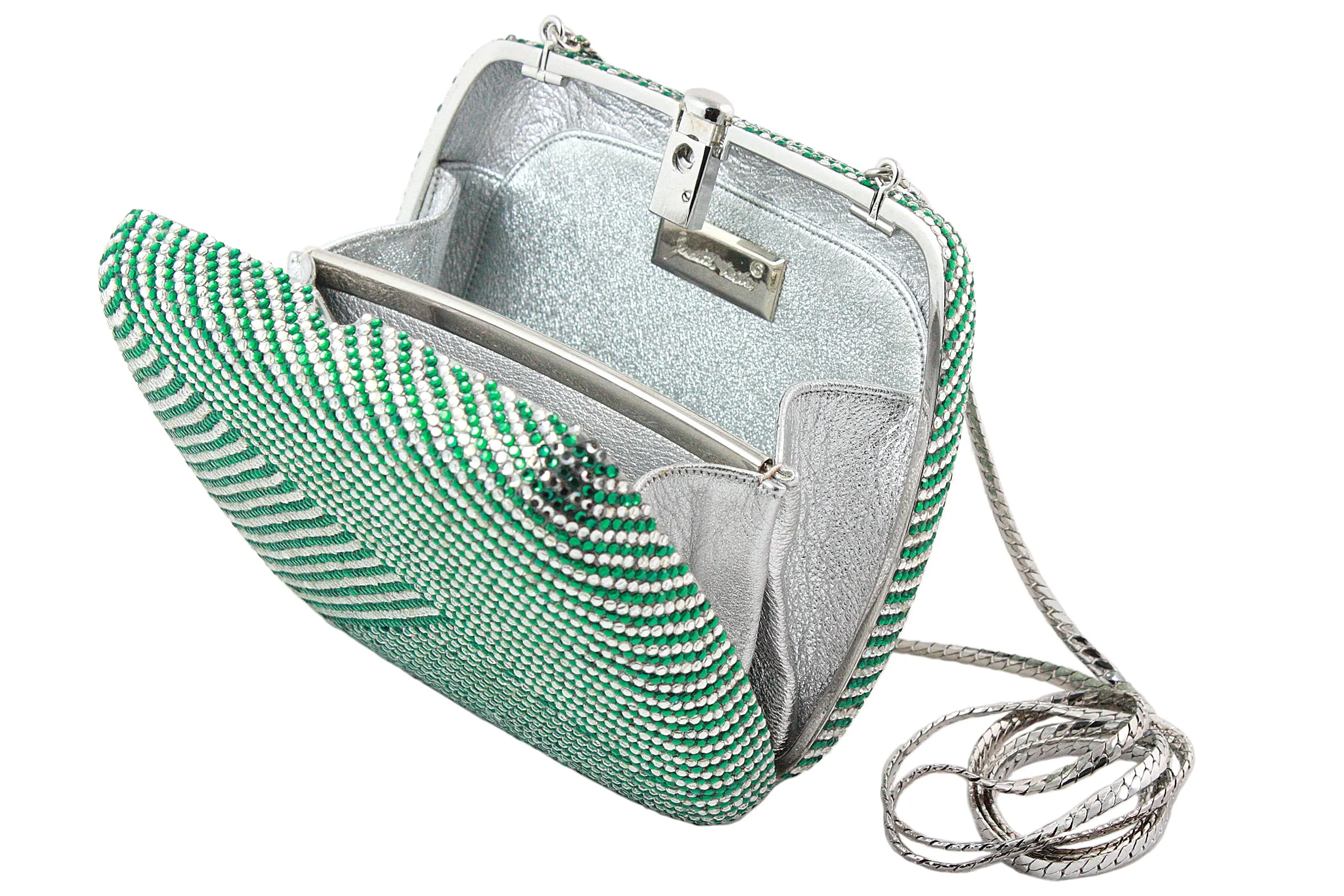 JUDITH LEIBER Green and Clear Striped Rhinestone Clutch