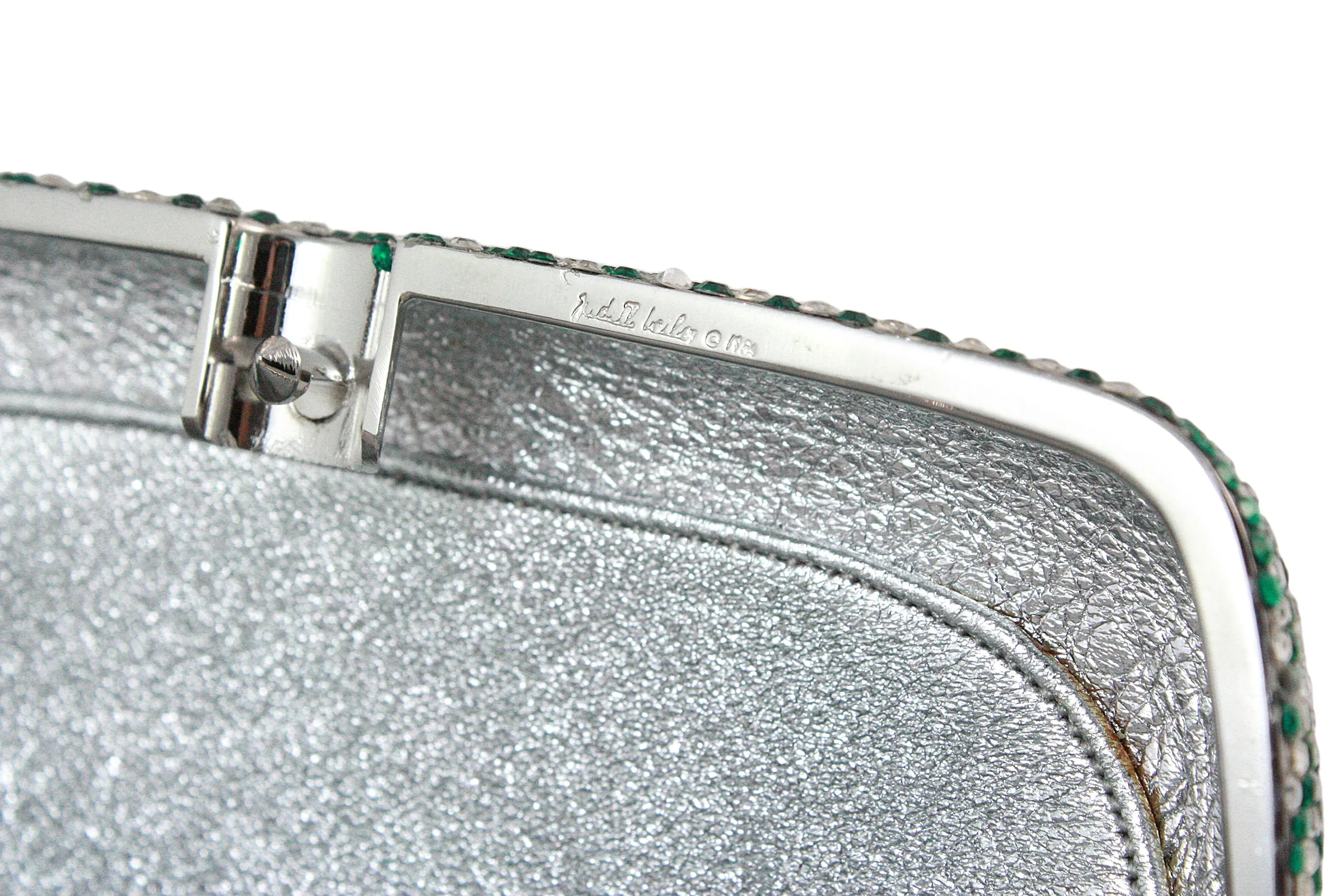 JUDITH LEIBER Green and Clear Striped Rhinestone Clutch