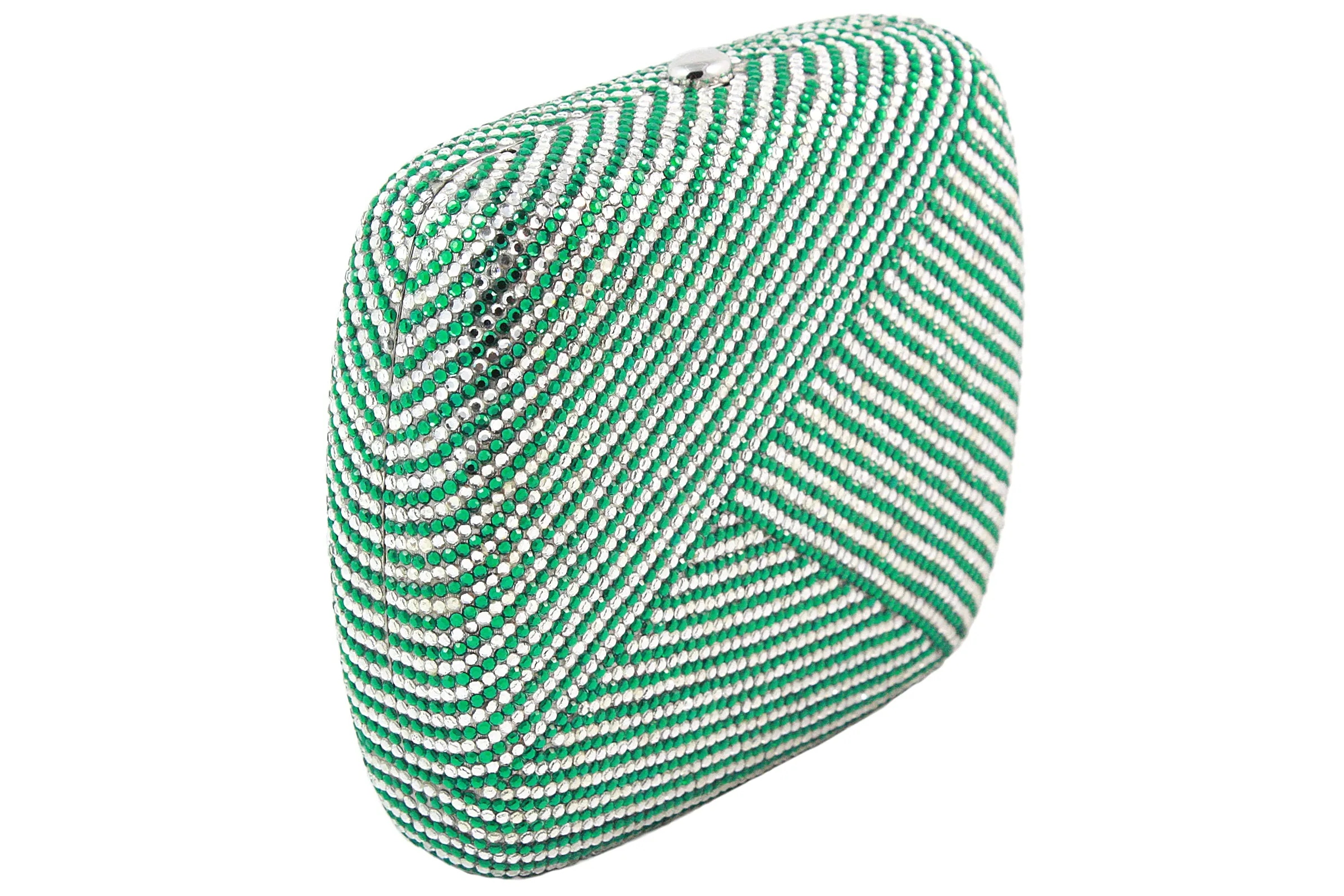 JUDITH LEIBER Green and Clear Striped Rhinestone Clutch