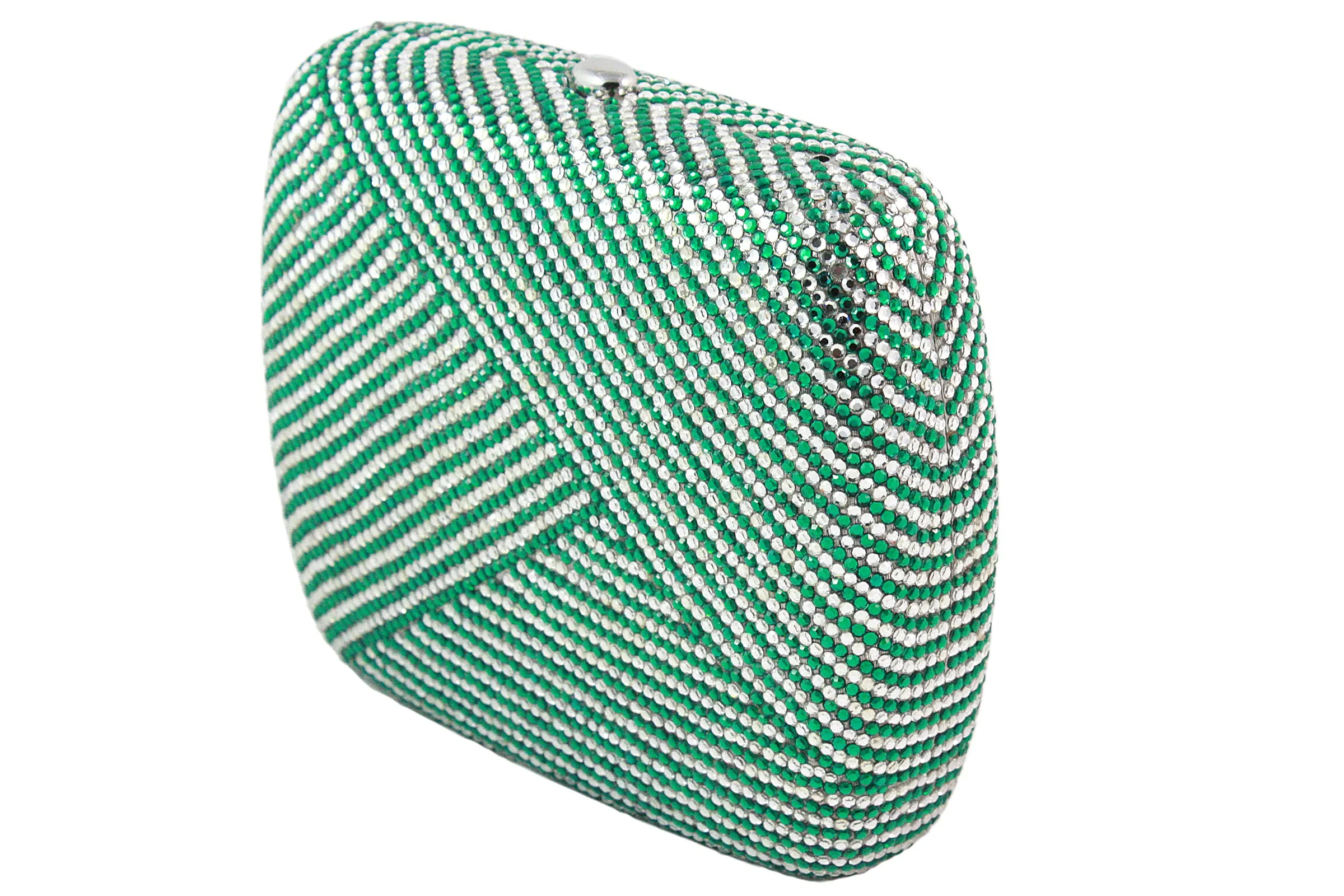 JUDITH LEIBER Green and Clear Striped Rhinestone Clutch