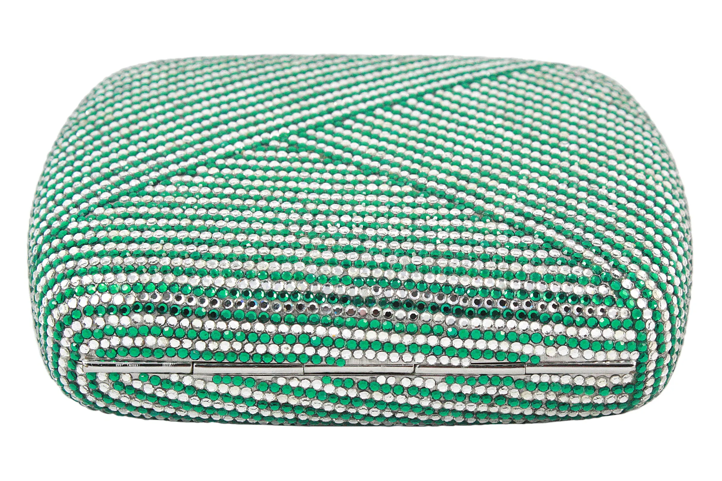 JUDITH LEIBER Green and Clear Striped Rhinestone Clutch