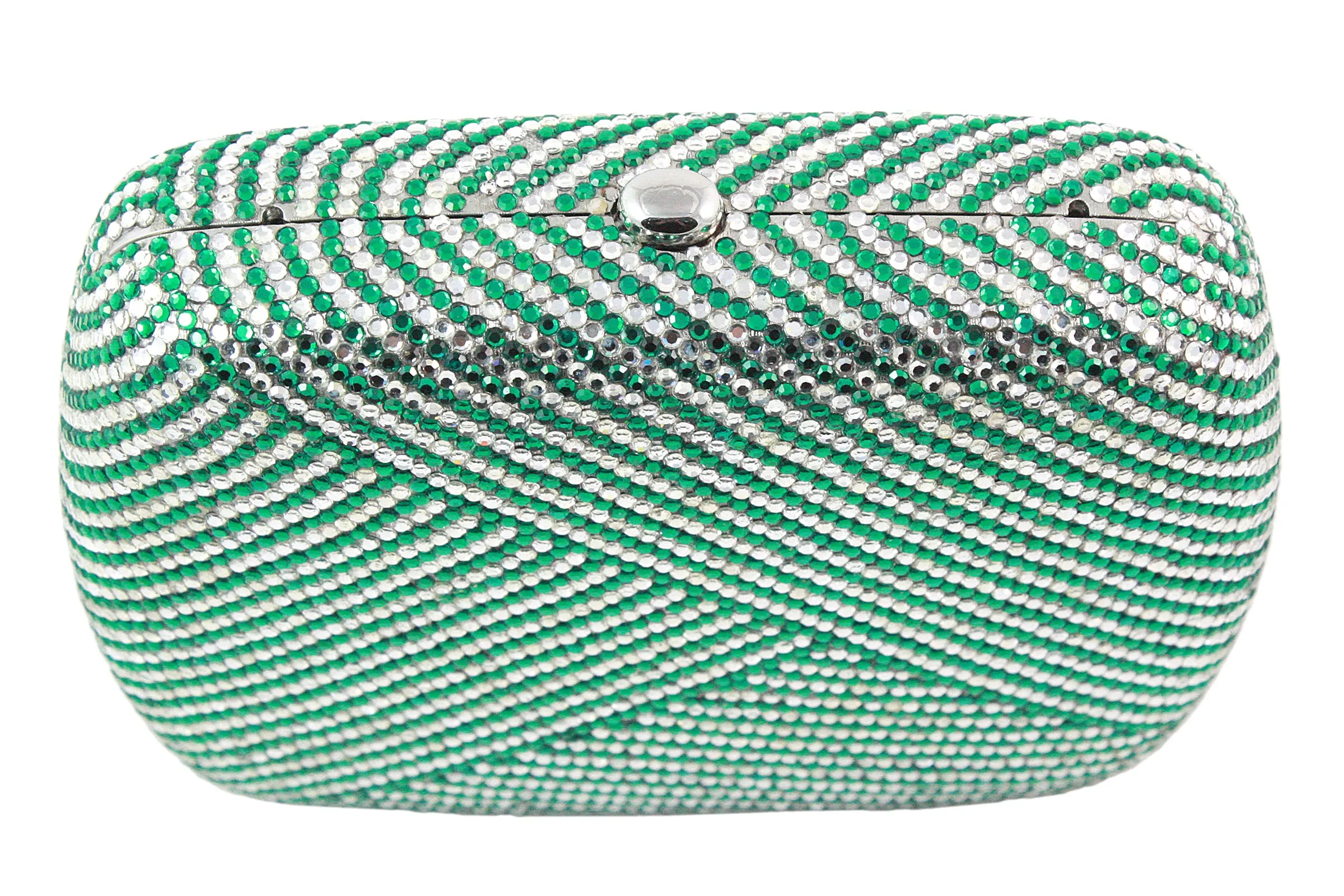 JUDITH LEIBER Green and Clear Striped Rhinestone Clutch