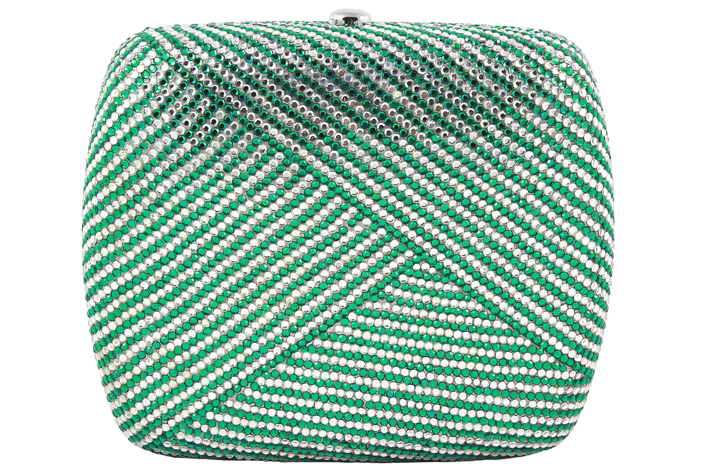 JUDITH LEIBER Green and Clear Striped Rhinestone Clutch