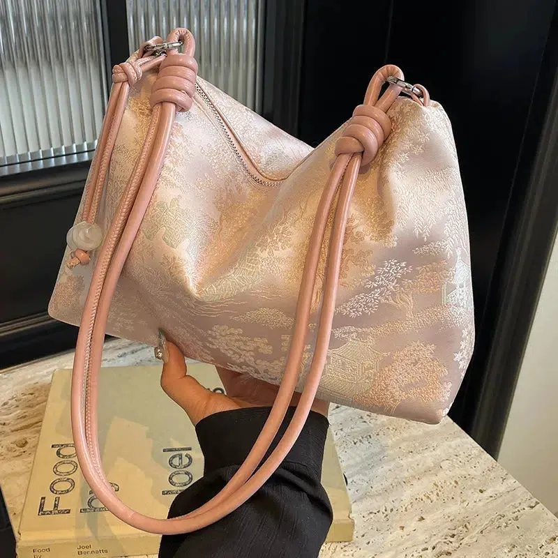 Knot Handle Embroidered Shoulder Bag