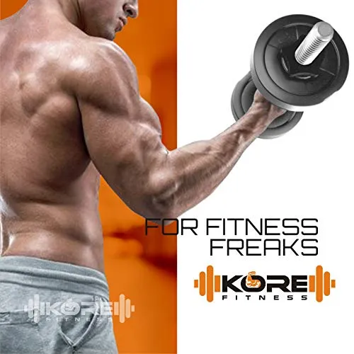 Kore PVC 16 Kg Home Gym Set With One 3 Ft Curl And One Pair Dumbbell Rods With Gym Accessories, Black