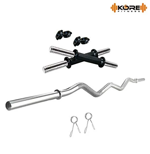Kore PVC 16 Kg Home Gym Set With One 3 Ft Curl And One Pair Dumbbell Rods With Gym Accessories, Black