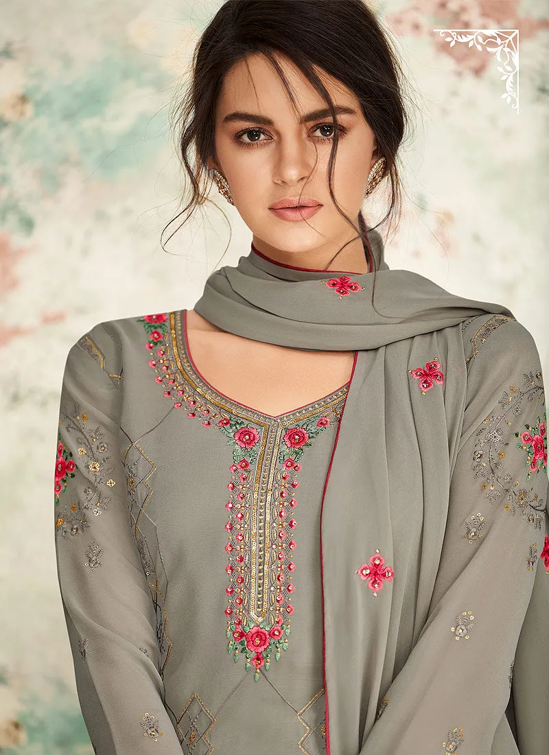 Light Grey Multi Embroidered Palazzo Suit