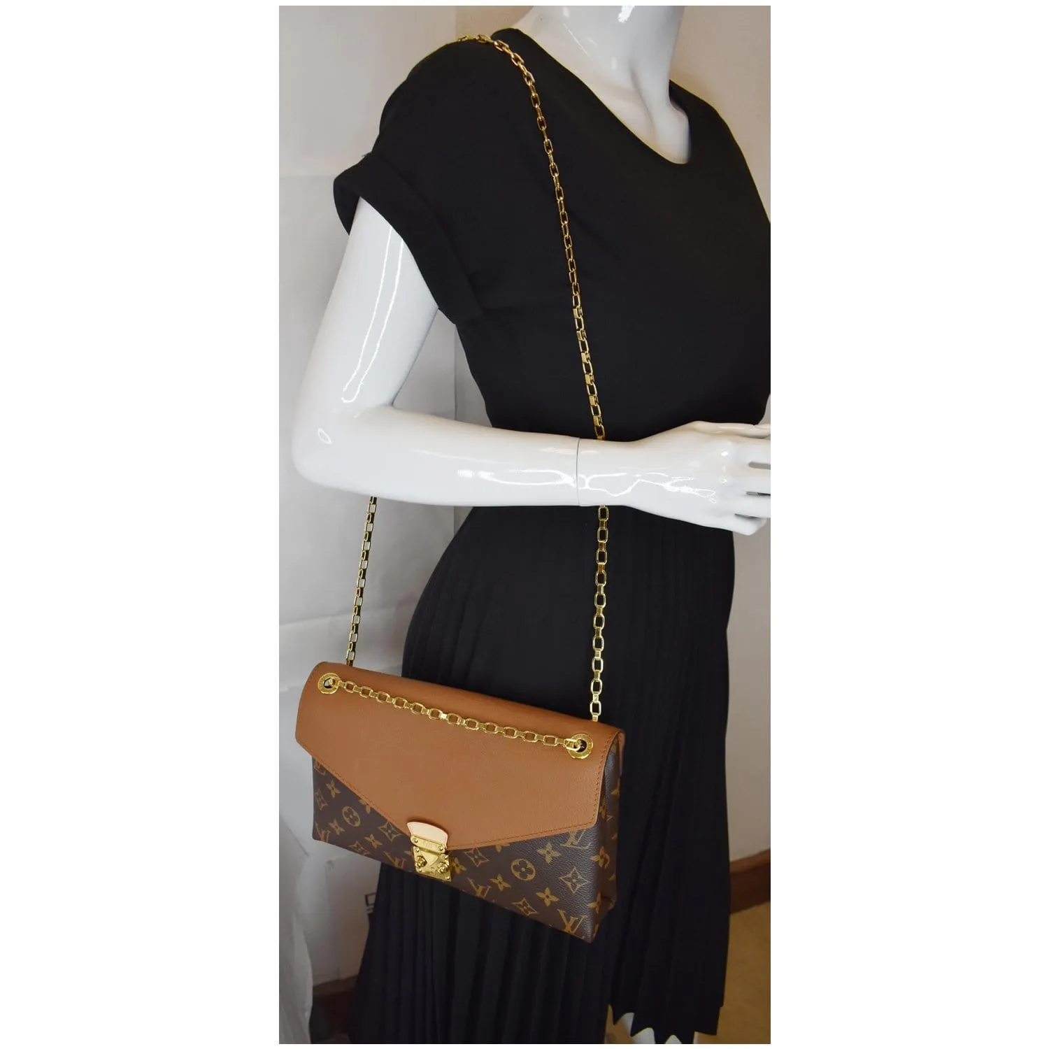LOUIS VUITTON Pallas Chain Monogram Canvas Crossbody Bag Brown