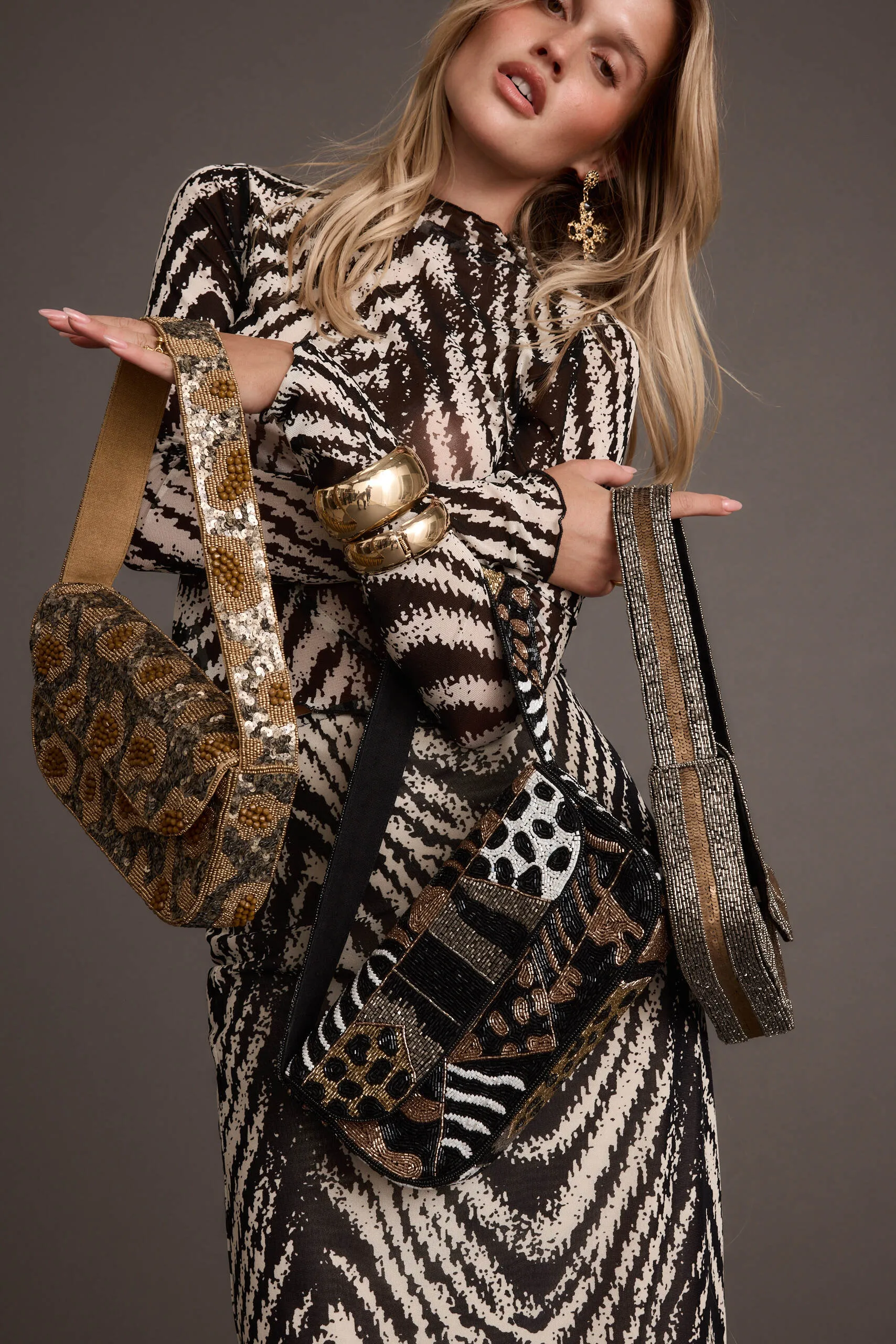 Lucy Silver and Gold Beaded Abstract Printed Bag