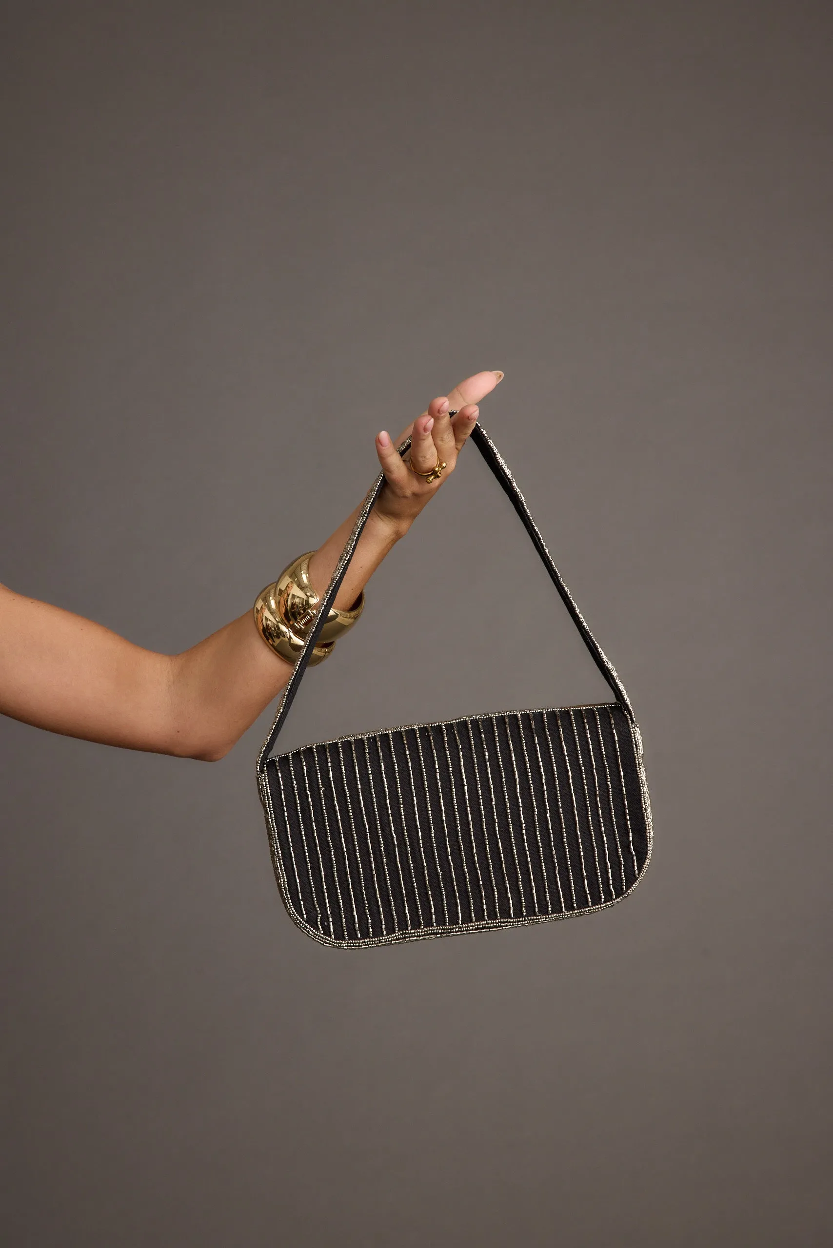 Lucy Silver and Gold Beaded Abstract Printed Bag